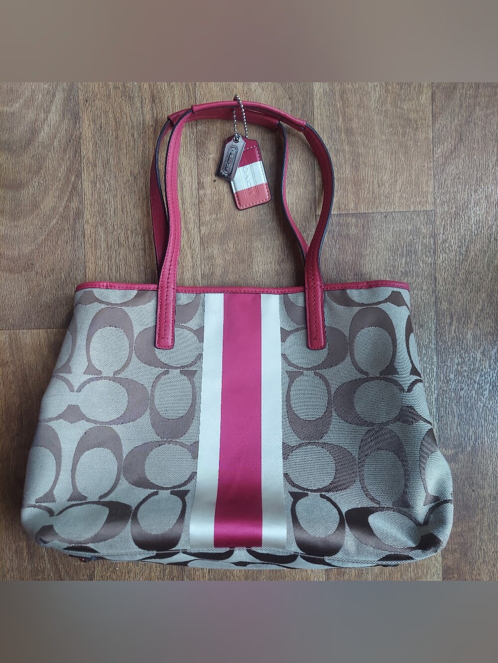 Coach Hamptons Weekend Signature Canvas Tote with Pink Stripe